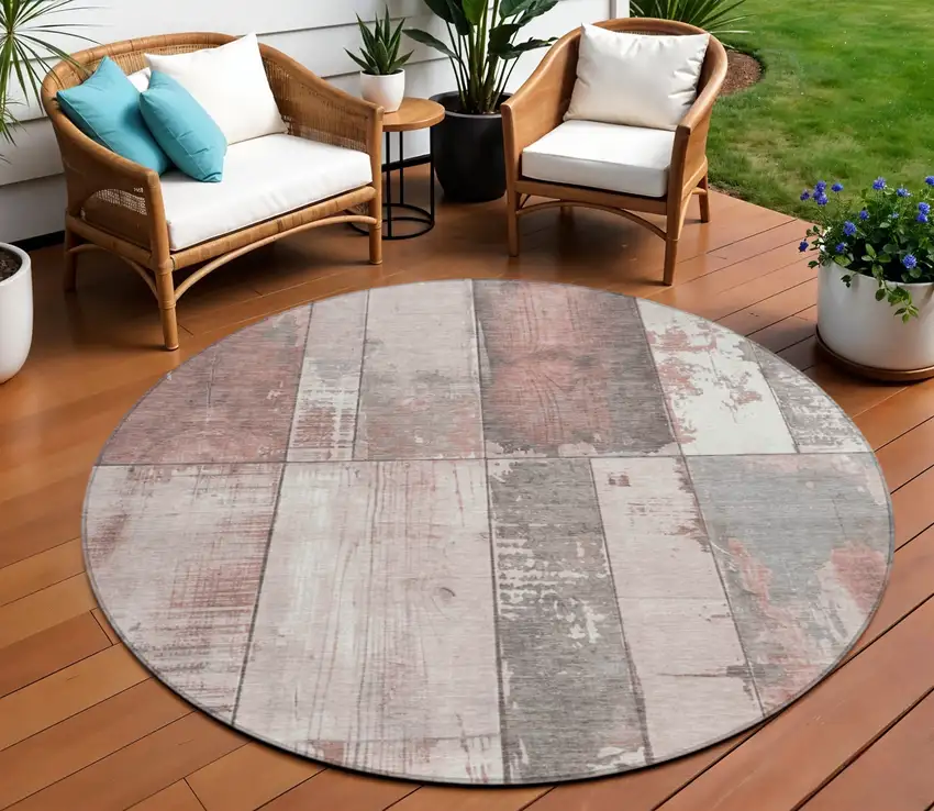 8' Copper And Gray Round Geometric Washable Indoor Outdoor Area Rug Photo 2