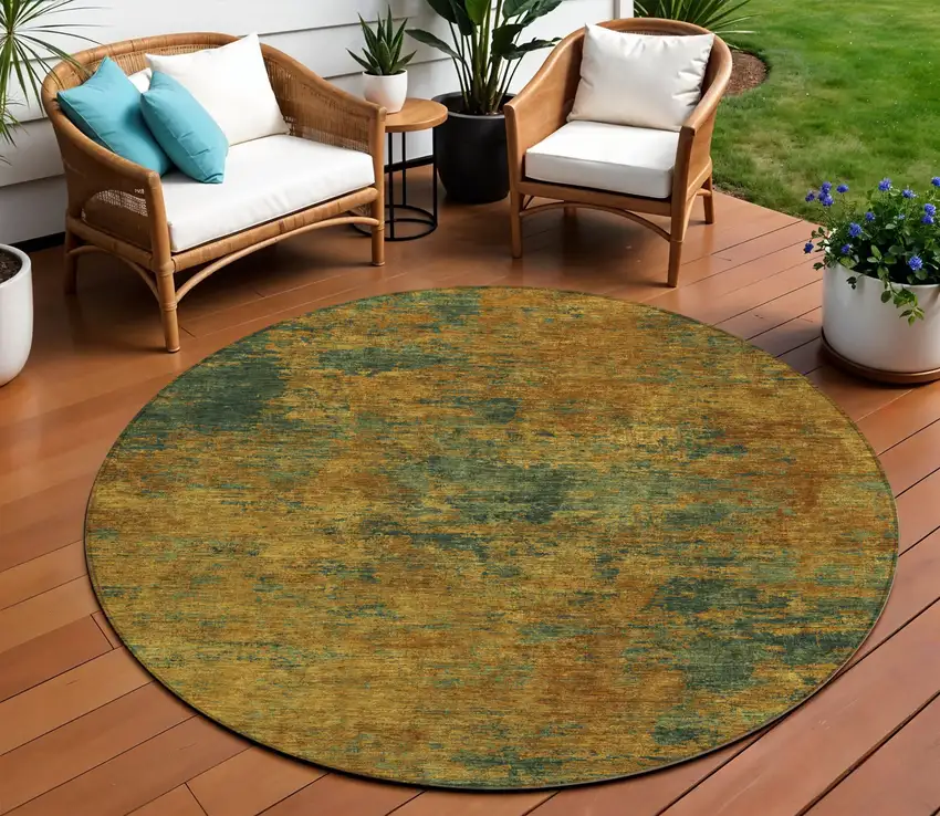 8' Copper And Green Round Abstract Washable Indoor Outdoor Area Rug Photo 1