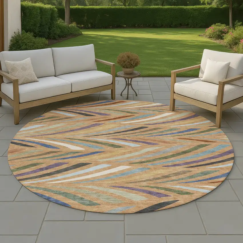 8' Copper And Green Round Abstract Washable Indoor Outdoor Area Rug Photo 4