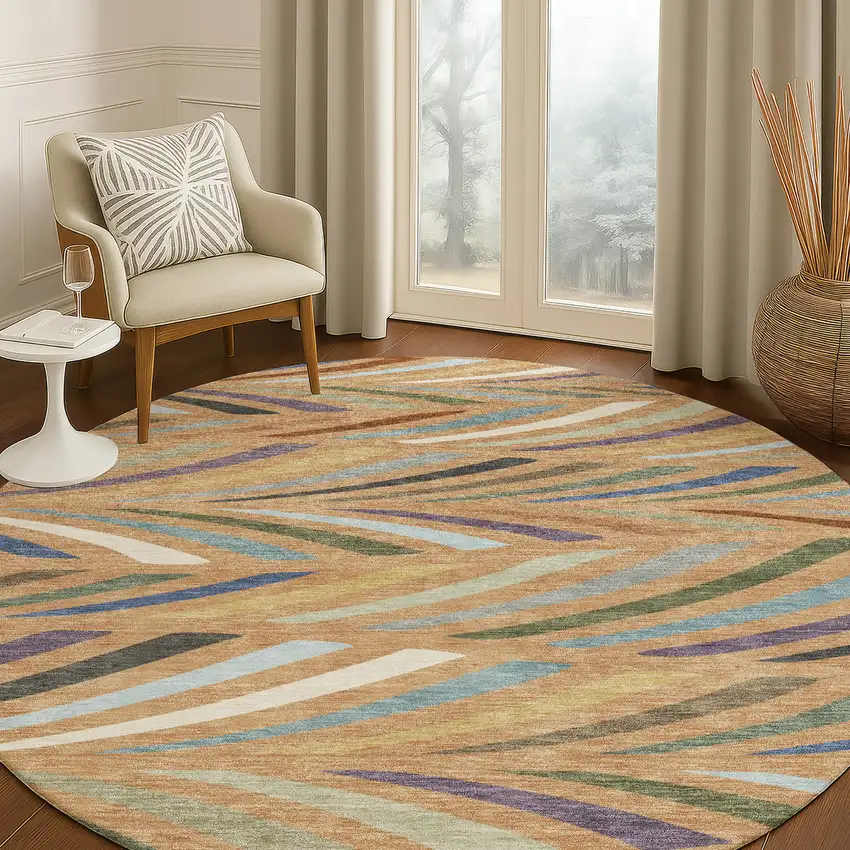 8' Copper And Green Round Abstract Washable Indoor Outdoor Area Rug Photo 5