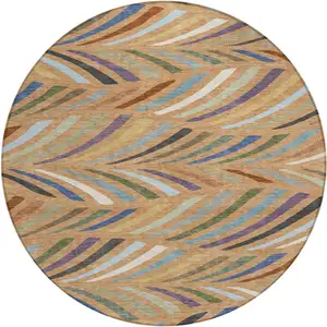 Photo of 8' Copper And Green Round Abstract Washable Indoor Outdoor Area Rug
