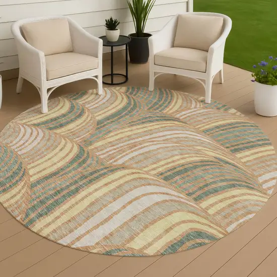 8' Copper And Green Round Abstract Washable Indoor Outdoor Area Rug Photo 4