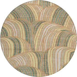 Photo of 8' Copper And Green Round Abstract Washable Indoor Outdoor Area Rug
