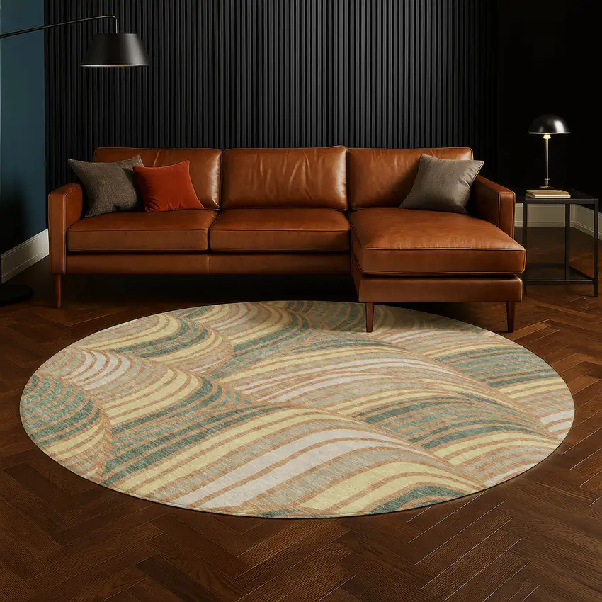 8' Copper And Green Round Abstract Washable Indoor Outdoor Area Rug Photo 5