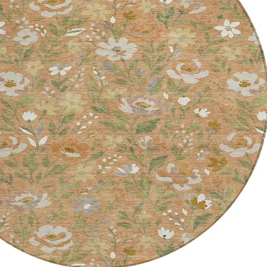 8' Copper And Green Round Floral Washable Indoor Outdoor Area Rug Photo 2