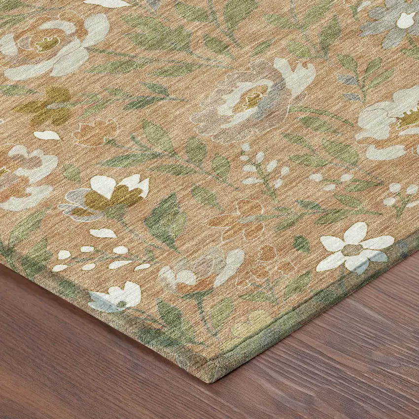 8' Copper And Green Round Floral Washable Indoor Outdoor Area Rug Photo 6