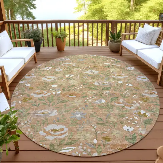 8' Copper And Green Round Floral Washable Indoor Outdoor Area Rug Photo 4