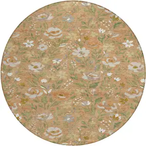 Photo of 8' Copper And Green Round Floral Washable Indoor Outdoor Area Rug