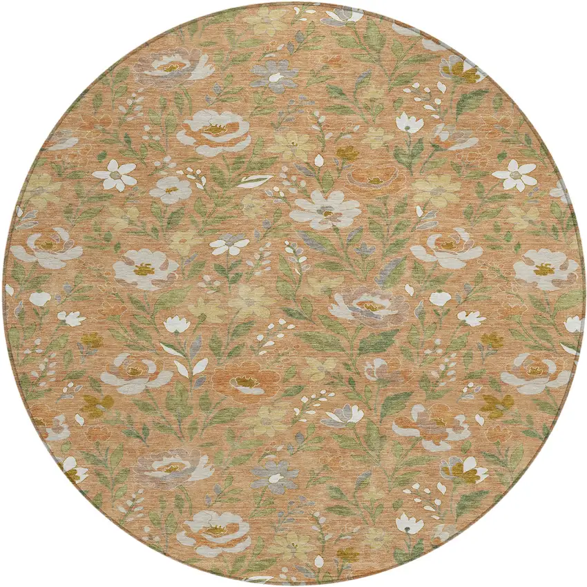 8' Copper And Green Round Floral Washable Indoor Outdoor Area Rug Photo 1