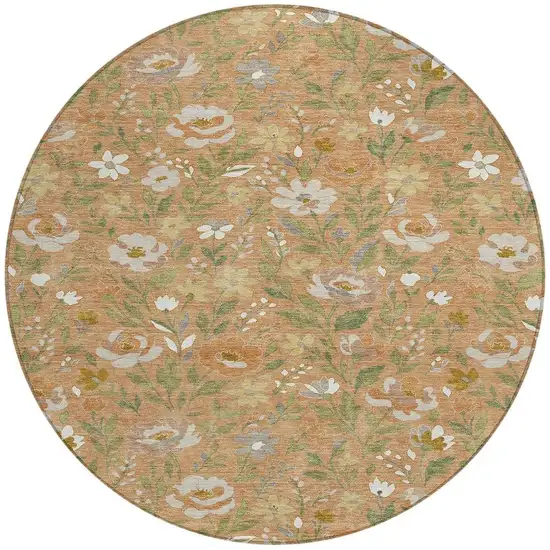 8' Copper And Green Round Floral Washable Indoor Outdoor Area Rug Photo 3