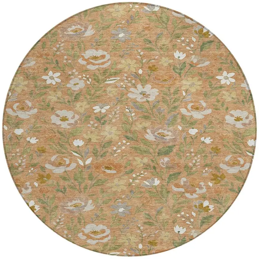8' Copper And Green Round Floral Washable Indoor Outdoor Area Rug Photo 3
