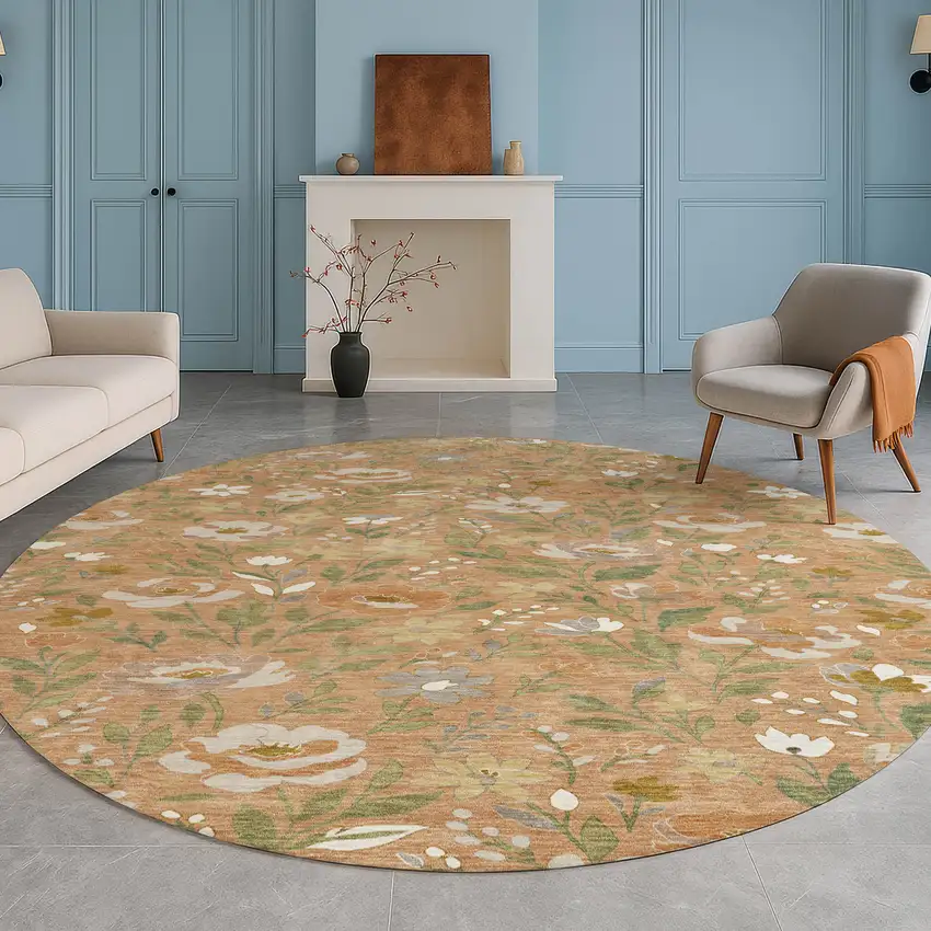 8' Copper And Green Round Floral Washable Indoor Outdoor Area Rug Photo 5