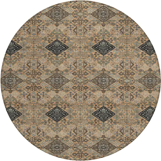 8' Copper And Green Round Geometric Washable Indoor Outdoor Area Rug Photo 1