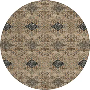 Photo of 8' Copper And Green Round Geometric Washable Indoor Outdoor Area Rug