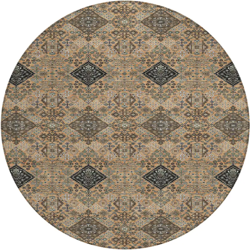 8' Copper And Green Round Geometric Washable Indoor Outdoor Area Rug Photo 1