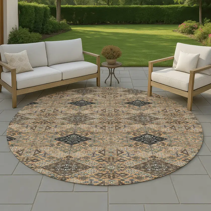 8' Copper And Green Round Geometric Washable Indoor Outdoor Area Rug Photo 4
