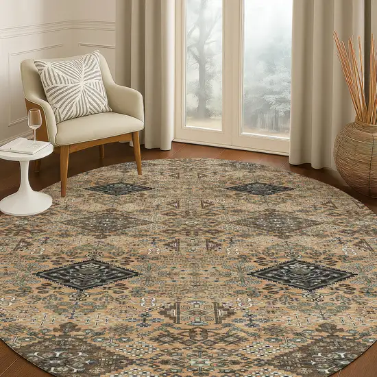 8' Copper And Green Round Geometric Washable Indoor Outdoor Area Rug Photo 5