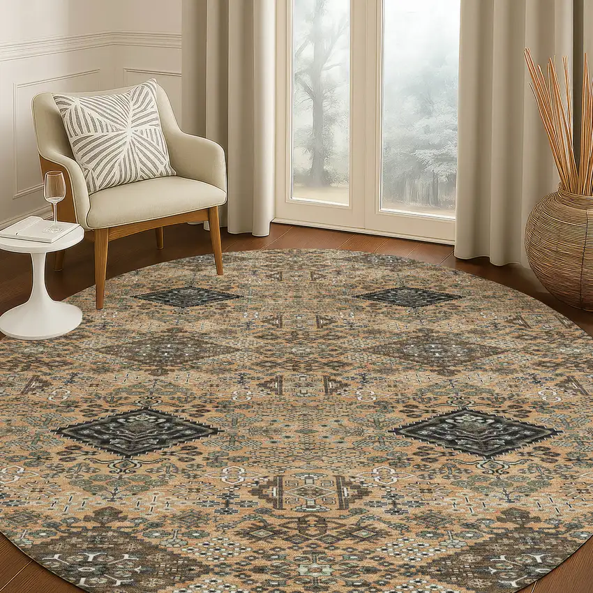 8' Copper And Green Round Geometric Washable Indoor Outdoor Area Rug Photo 5