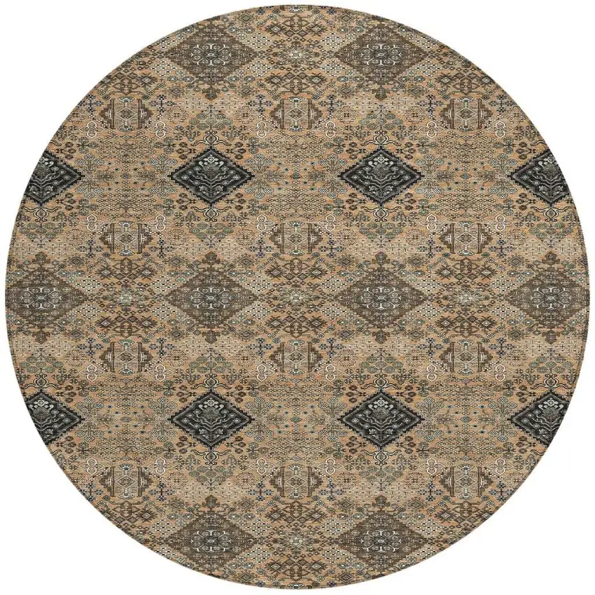 8' Copper And Green Round Geometric Washable Indoor Outdoor Area Rug Photo 3