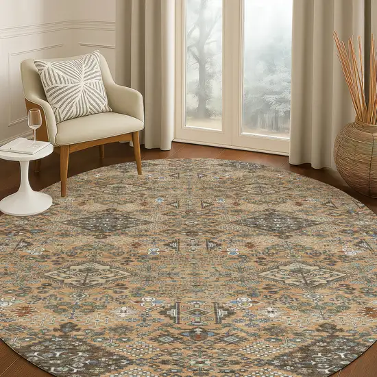 8' Copper And Green Round Geometric Washable Indoor Outdoor Area Rug Photo 5