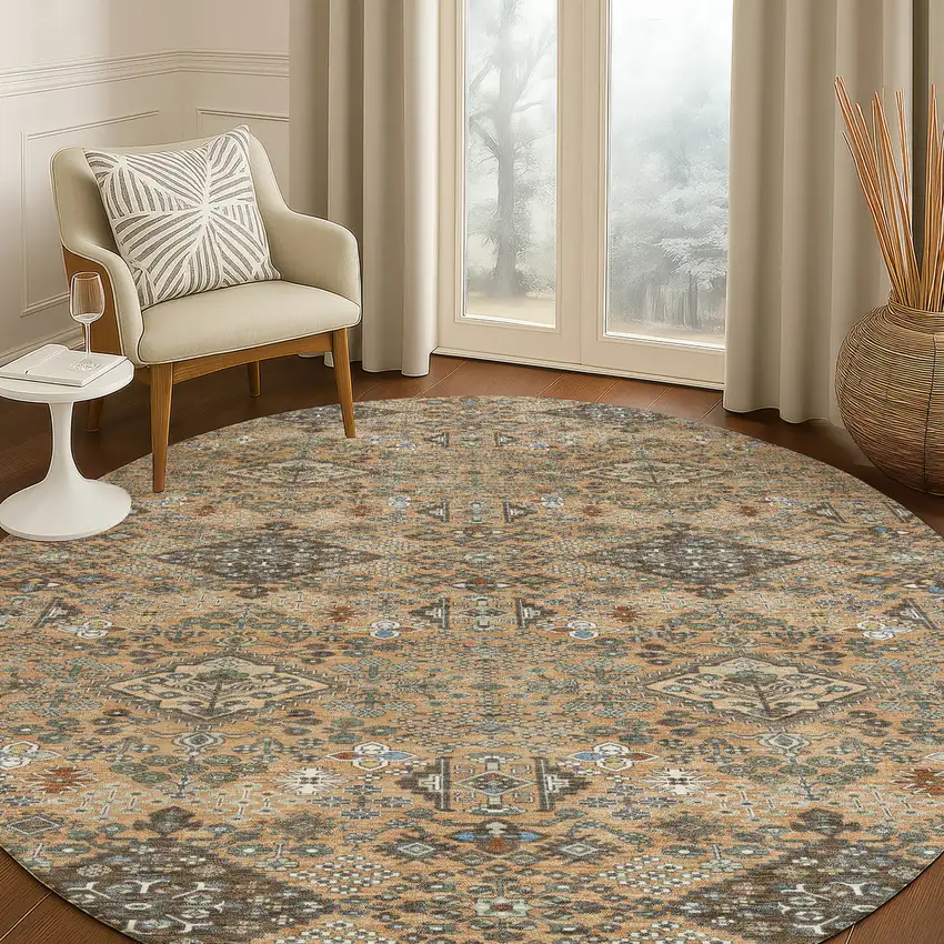 8' Copper And Green Round Geometric Washable Indoor Outdoor Area Rug Photo 5
