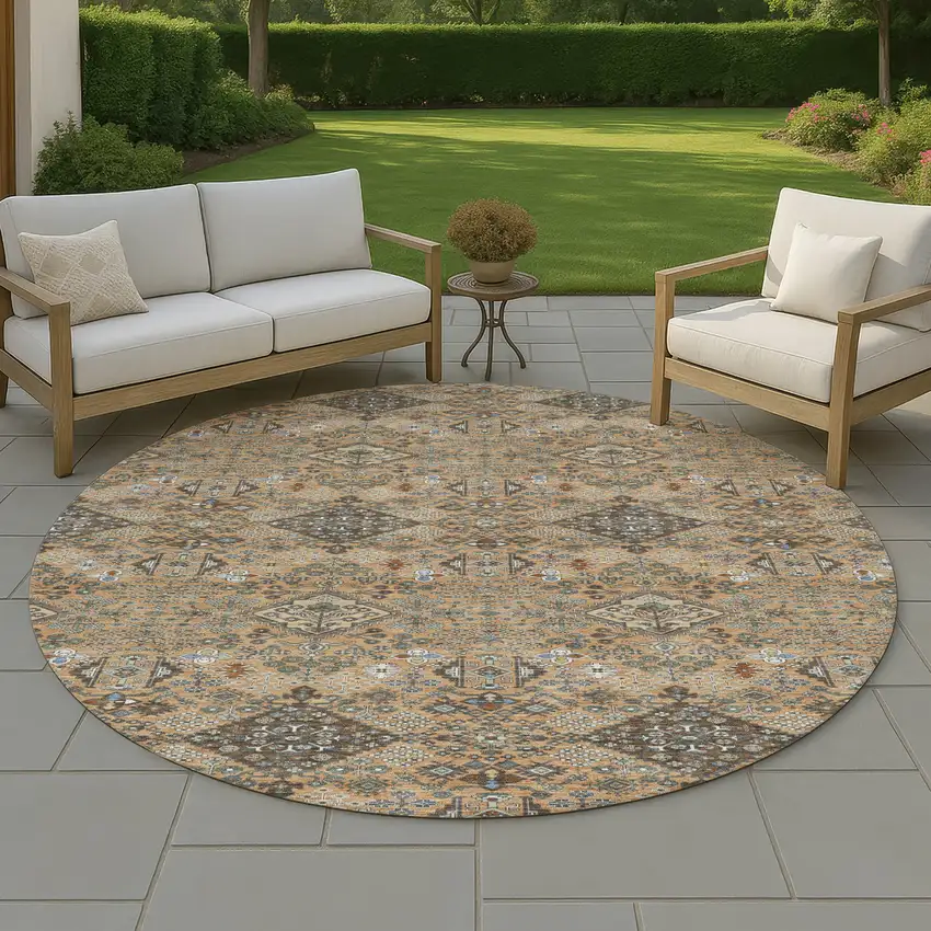8' Copper And Green Round Geometric Washable Indoor Outdoor Area Rug Photo 4
