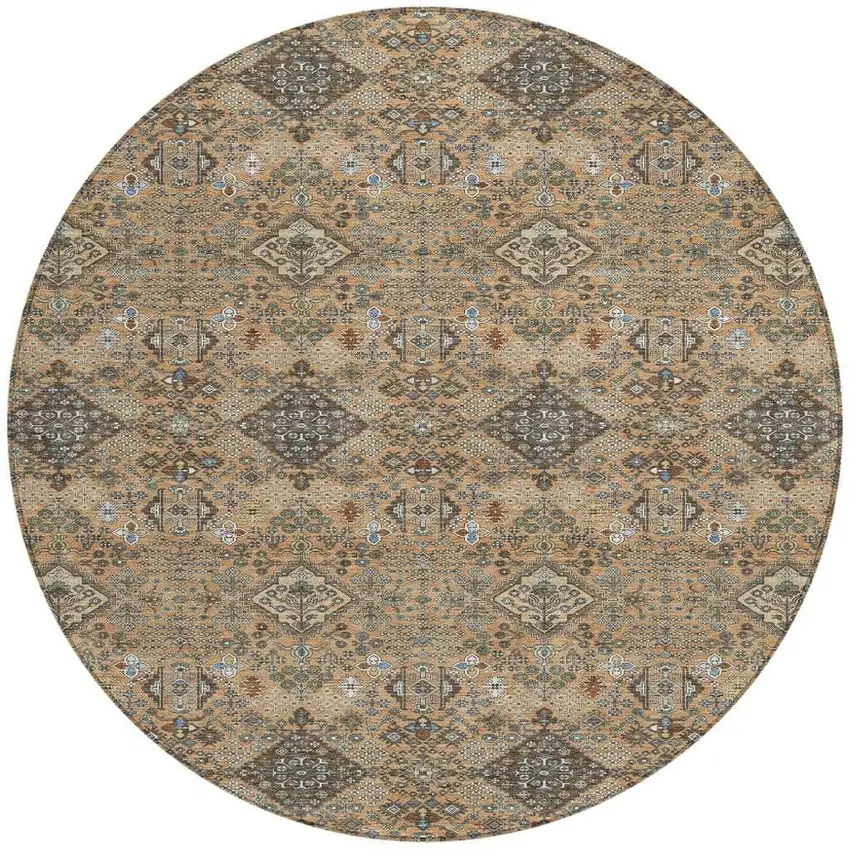 8' Copper And Green Round Geometric Washable Indoor Outdoor Area Rug Photo 3