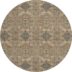Photo of 8' Copper And Green Round Geometric Washable Indoor Outdoor Area Rug