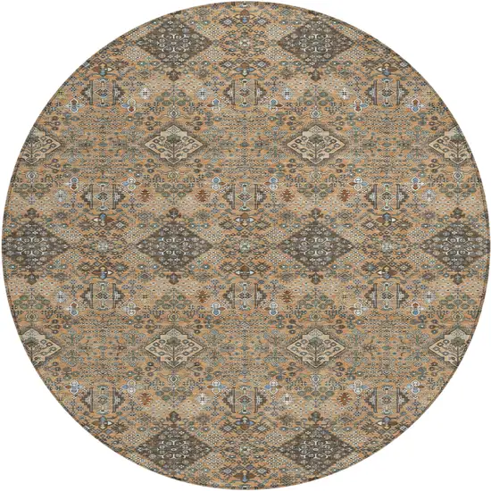 8' Copper And Green Round Geometric Washable Indoor Outdoor Area Rug Photo 1