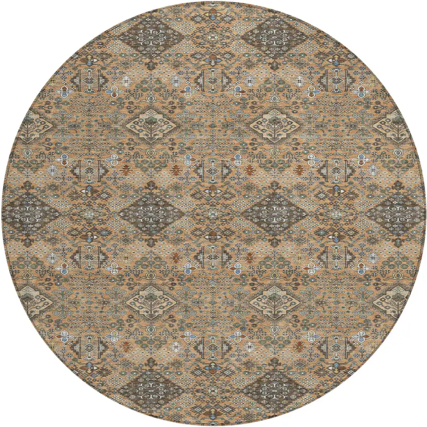 8' Copper And Green Round Geometric Washable Indoor Outdoor Area Rug Photo 1