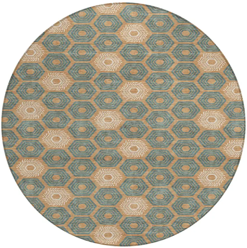 8' Copper And Green Round Geometric Washable Indoor Outdoor Area Rug Photo 2