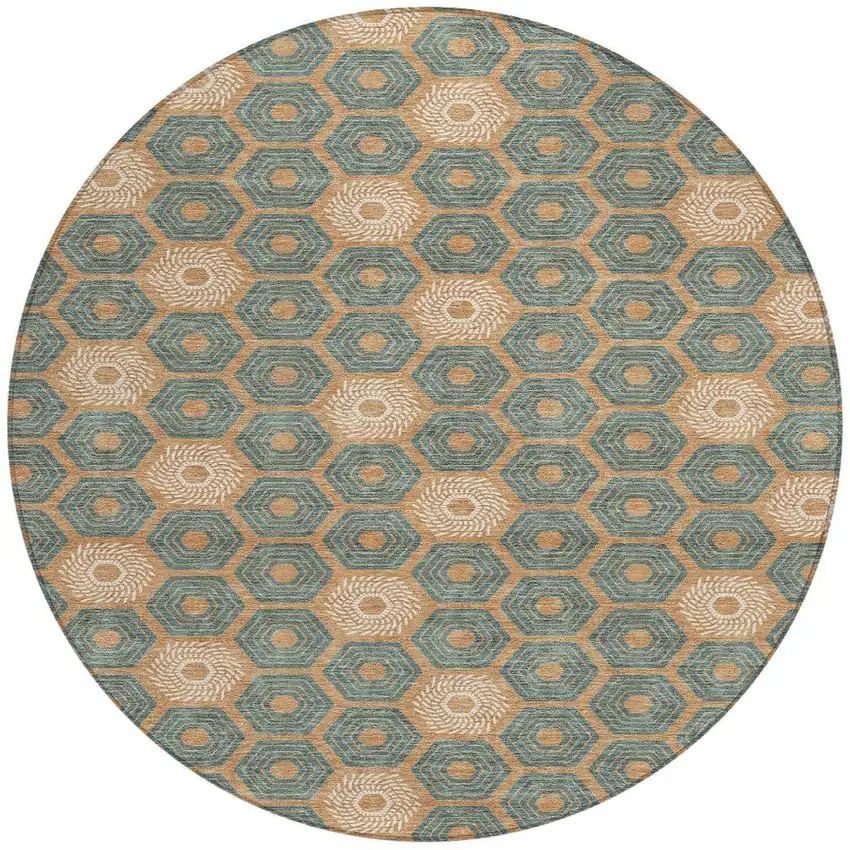 8' Copper And Green Round Geometric Washable Indoor Outdoor Area Rug Photo 4