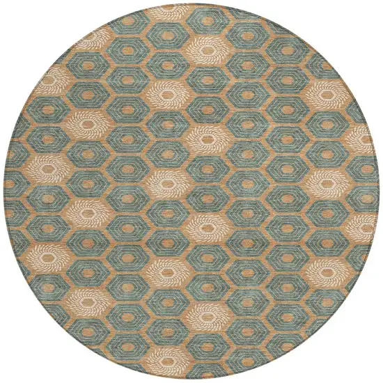 8' Copper And Green Round Geometric Washable Indoor Outdoor Area Rug Photo 4