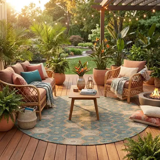8' Copper And Green Round Geometric Washable Indoor Outdoor Area Rug Photo 1