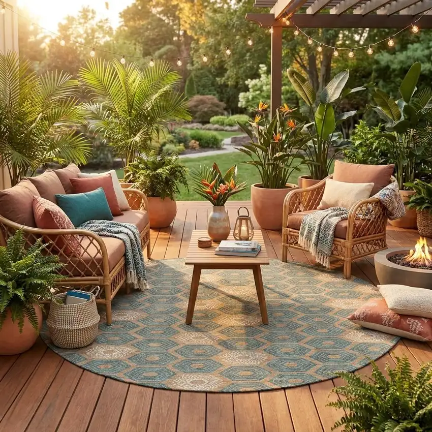 8' Copper And Green Round Geometric Washable Indoor Outdoor Area Rug Photo 1