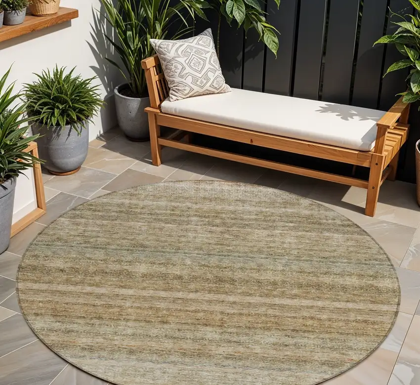 8' Copper And Green Round Striped Washable Indoor Outdoor Area Rug Photo 1