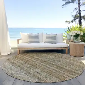 Photo of 8' Copper And Green Round Striped Washable Indoor Outdoor Area Rug