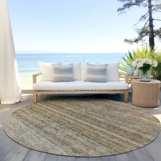 8' Copper And Green Round Striped Washable Indoor Outdoor Area Rug Photo 6
