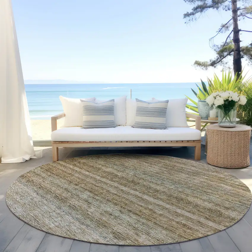 8' Copper And Green Round Striped Washable Indoor Outdoor Area Rug Photo 6