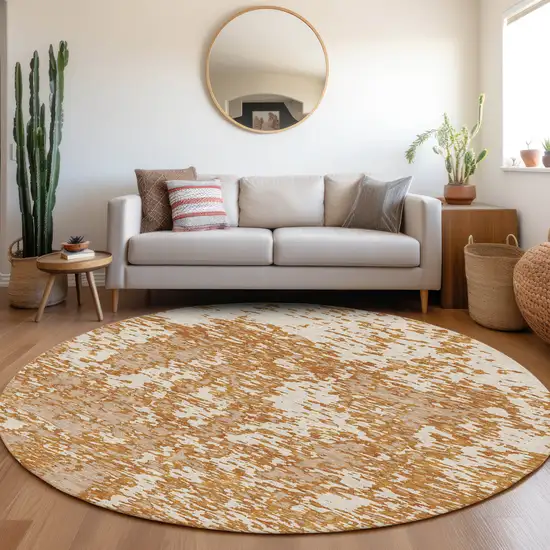 8' Copper And Ivory Abstract Washable Round Rug With UV Protection Photo 4