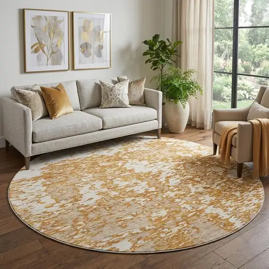 8' Copper And Ivory Abstract Washable Round Rug With UV Protection Photo 1
