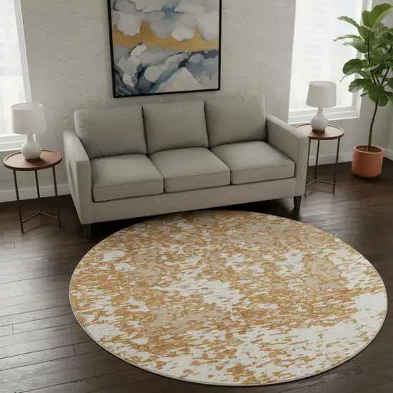 8' Copper And Ivory Abstract Washable Round Rug With UV Protection Photo 2