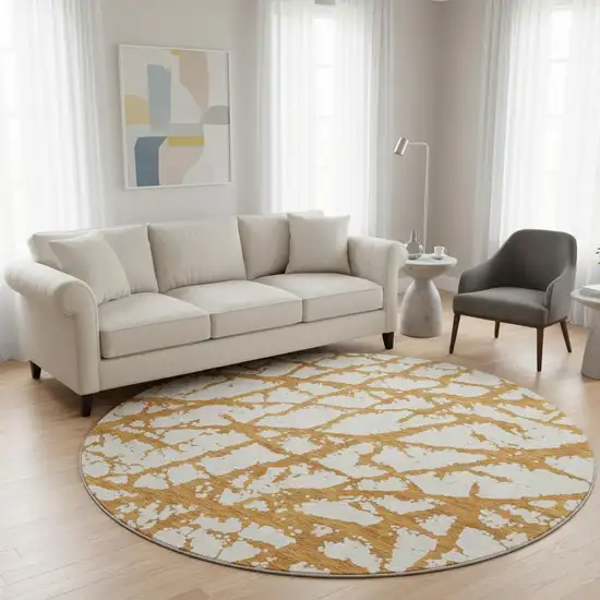 8' Copper And Ivory Abstract Washable Round Rug With UV Protection Photo 2