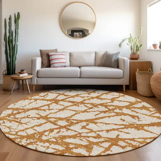 8' Copper And Ivory Abstract Washable Round Rug With UV Protection Photo 4