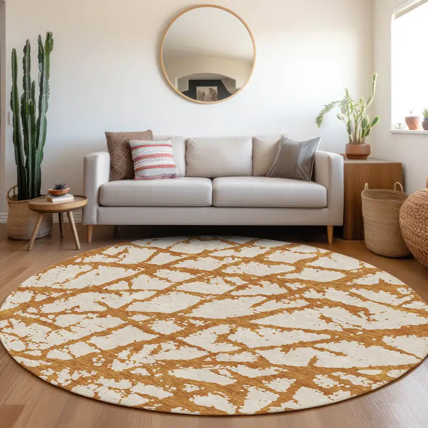 8' Copper And Ivory Abstract Washable Round Rug With UV Protection Photo 4