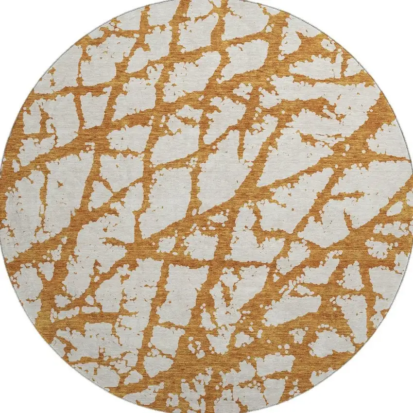 8' Copper And Ivory Abstract Washable Round Rug With UV Protection Photo 3