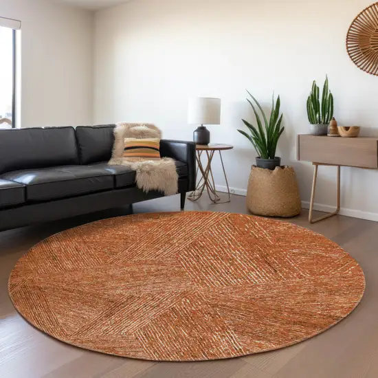 8' Copper And Ivory Abstract Washable Round Rug With UV Protection Photo 4