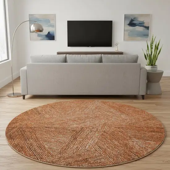 8' Copper And Ivory Abstract Washable Round Rug With UV Protection Photo 2
