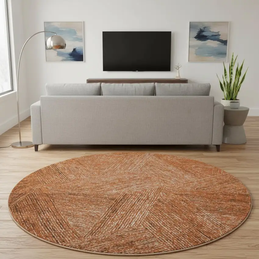 8' Copper And Ivory Abstract Washable Round Rug With UV Protection Photo 2