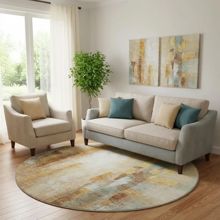 8' Copper And Ivory Abstract Washable Round Rug With UV Protection Photo 2